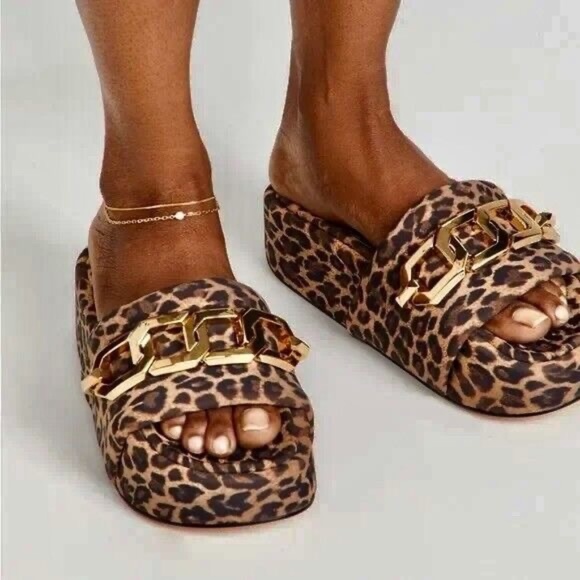Good American Shoes - GOOD AMERICAN Leopard Print Chain Platform Slides Sandals Shoes Chunky Size 8